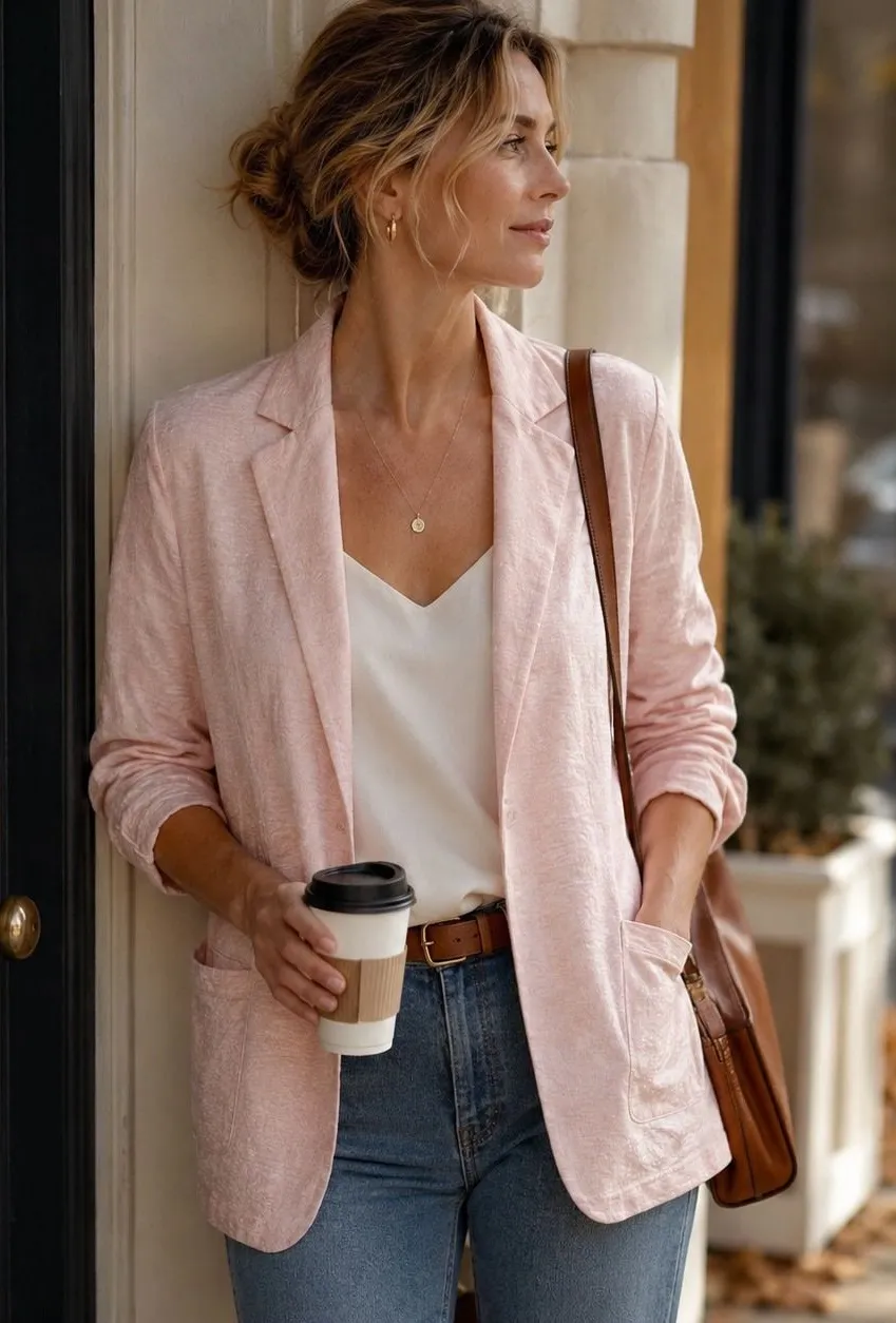 Majestic Filatures Linen Blazer Pink XS 94% Linen Stretch Open Front European