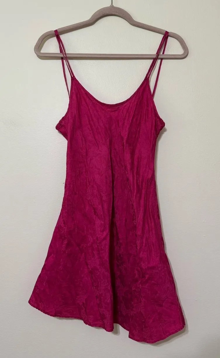 Vintage 100% Silk Magenta Slip Dress with Thin Straps Pink Size M