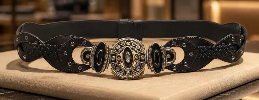 Chico's Genuine Leather Belt Silver And Gold Ornate Buckle Rodeo Boho Luxury