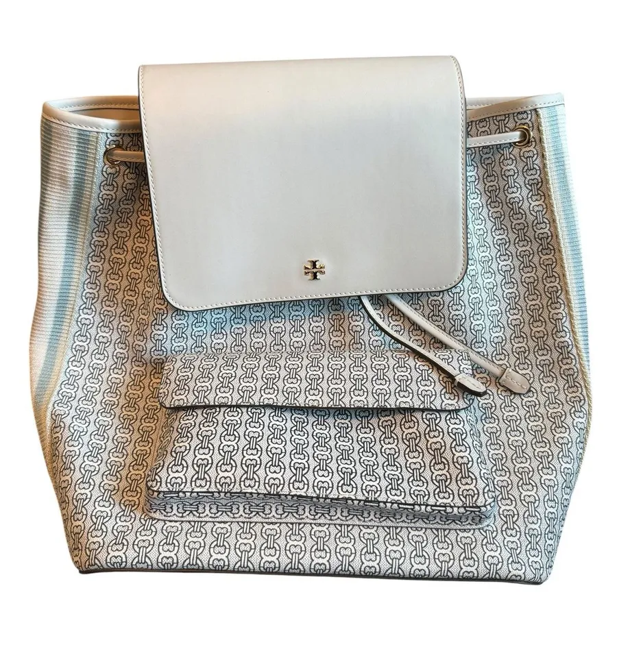 Tory Burch Gemini Link Canvas Backpack White Leather Trim Chain Print