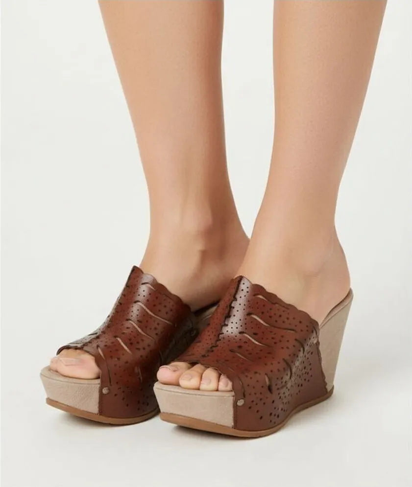 NAPOLEONI women platform wedge sandals mules brown leather Sz 38