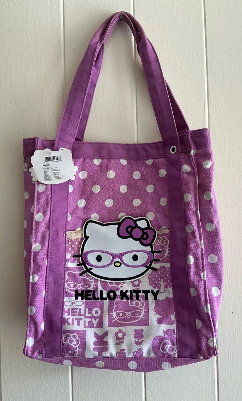 Rare Vintage Sanrio 2010 Hello Kitty Cotton purple nerd Large Tote Handbag Bag