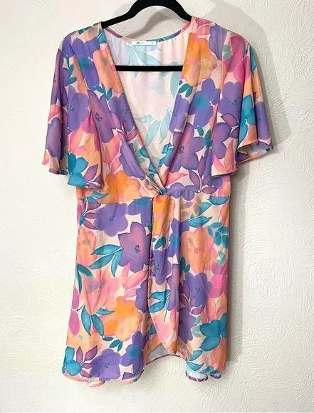 Cupshe Purple and Pink Flutter Sleeve Asymmetrical Swim Coverup