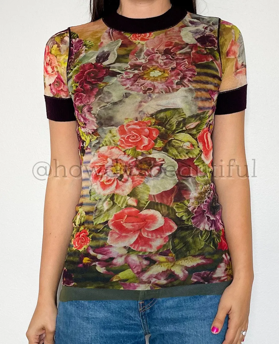 Vintage 2000's Jean Paul Gaultier Soleil Striped Floral Mesh Top Size medium