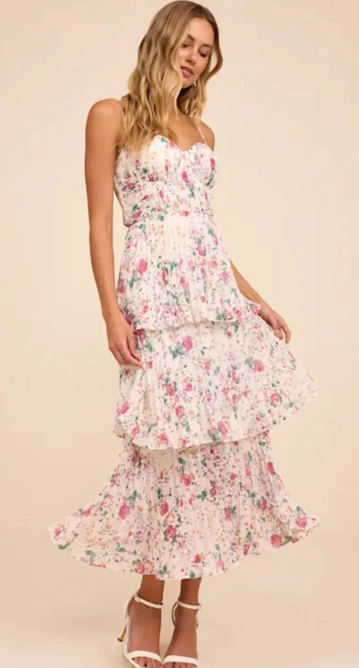 Lulus Cascading Crush NWT size S Ivory Floral Print Tiered Bustier Midi Dress