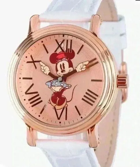 Vintage-Style Minnie Mouse Watch for Women with White Leather Strap