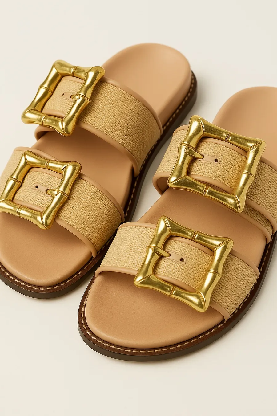 Schutz Raffia Bamboo Buckle Slide Sandals | Size 7.5B