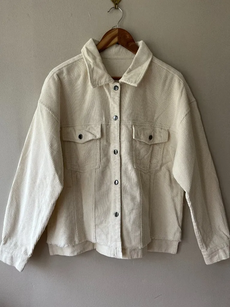 Corduroy Jacket Sz L Women's Casual Solid Beige Cream Button Down with Pockets Size L