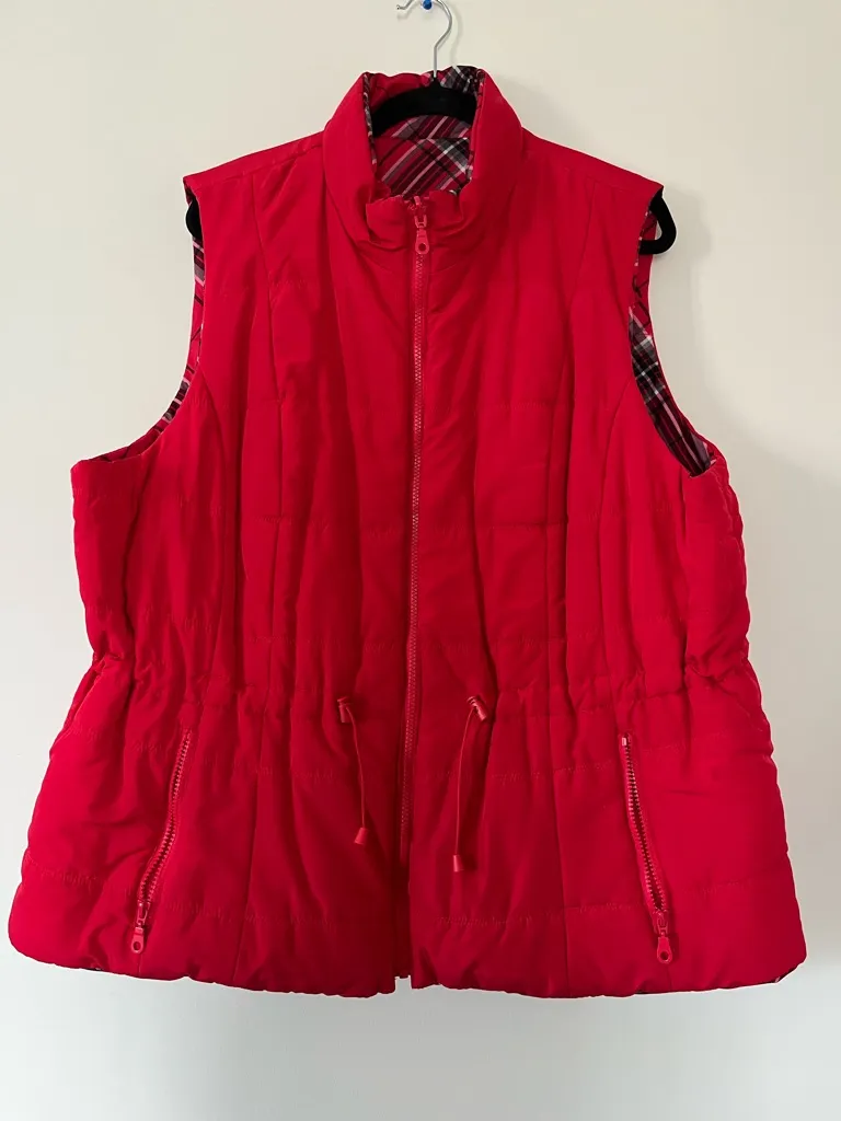 Lane Bryant Red Quilted Puffer Vest 22 Plaid Reversible Outdoors Equestrian