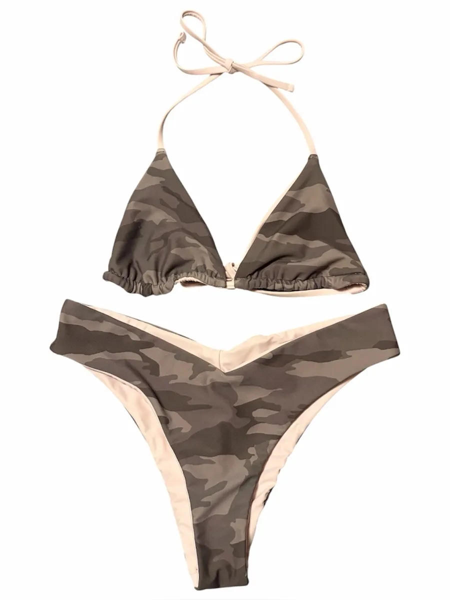 Hollister Camo Reversible Light Pink Bikini Set, XS Triangle Top, Small Bottoms