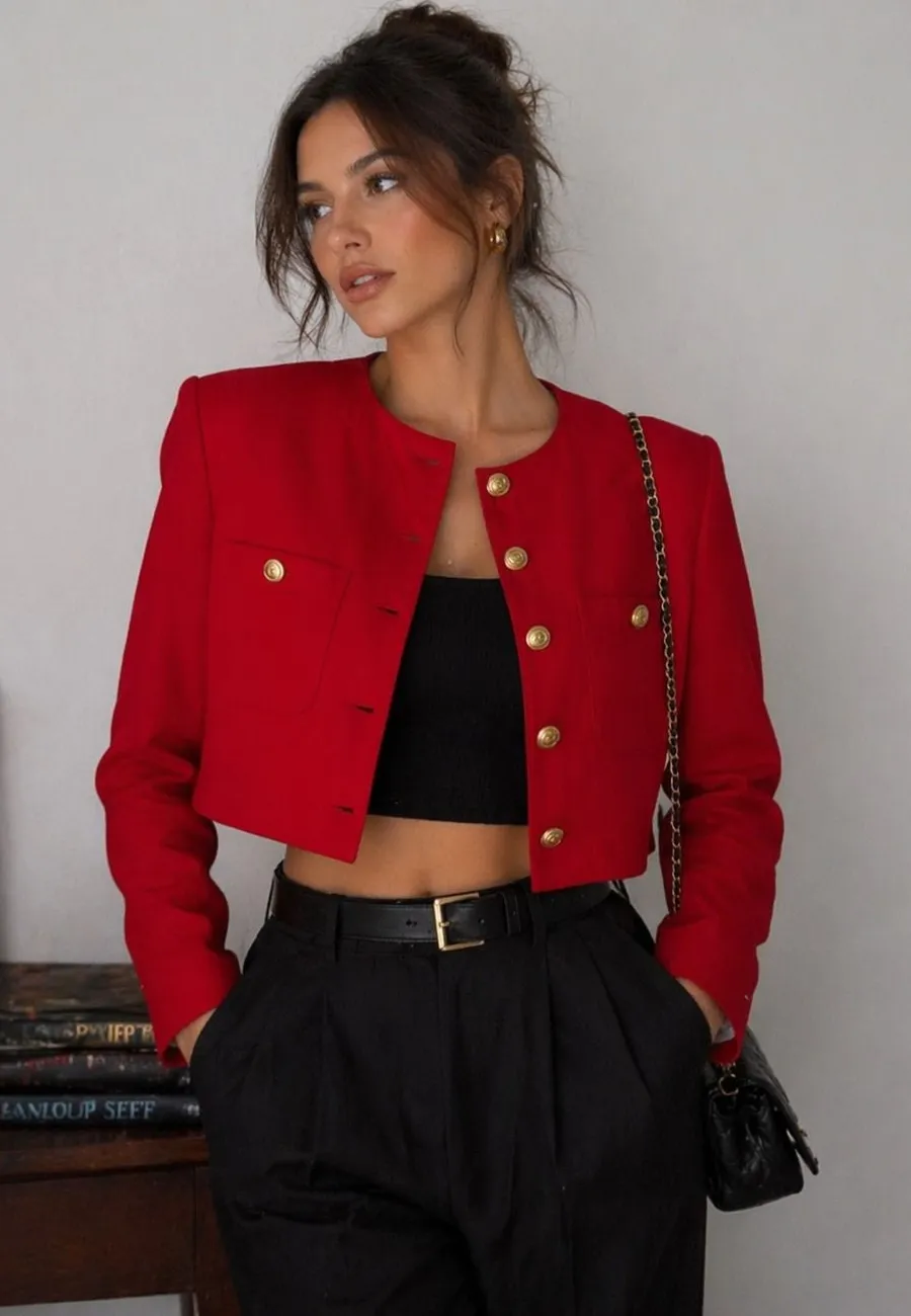 VTG Forenza sz SP Red Cropped Blazer Jacket Gold Button Old Money Luxury