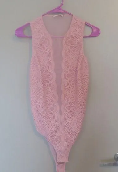 Victoria's Secret lacey illusion top mesh sexy lingerie bodysuit in pink.