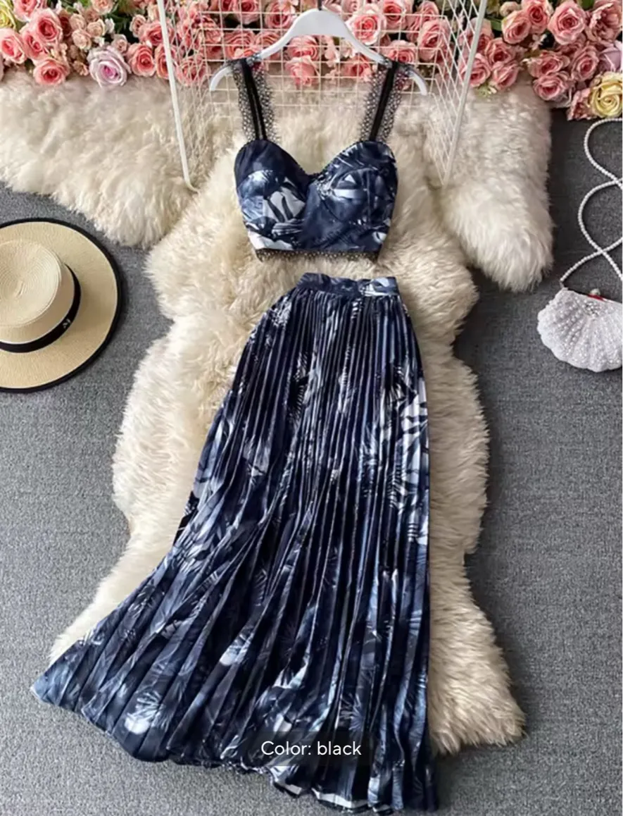 Navy blue floral two piece set Black