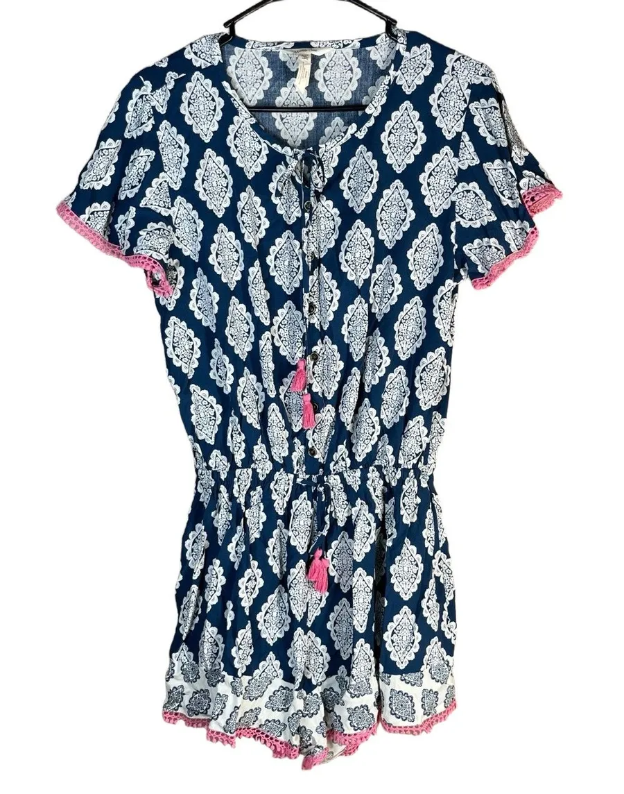 Matilda Jane Romper Size Medium Navy White Pattern Pink Accents Boho