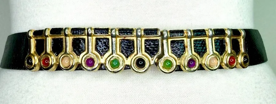 Judith Leiber Belt Cabachon Black Karung Skin Leather Gold Multicolor Cabochons