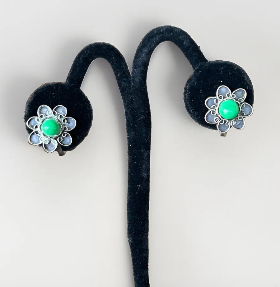 Vintage Mexico Sterling Silver Green Cabochon Flower Screw Back Earrings 4.5g