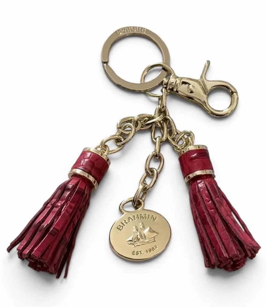 Brahmin Red Leather Double Tassel Keyring Bag Charm with Gold Hardware