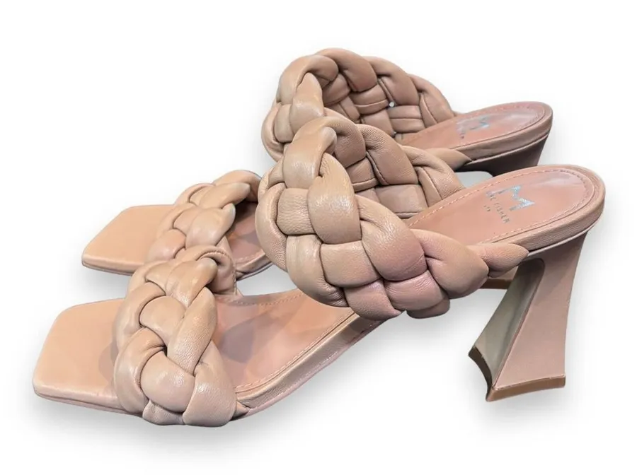 Marc Fisher Womens Hammy Heeled Sandal 8.5M Leather Chunky Woven Straps Beige