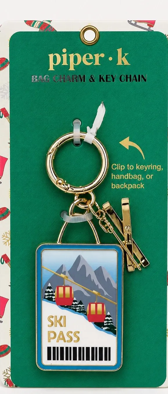 Piper K NWT Ski Pass Bag Charm & Key Chain Gold Tone Gondola Winter Skiing