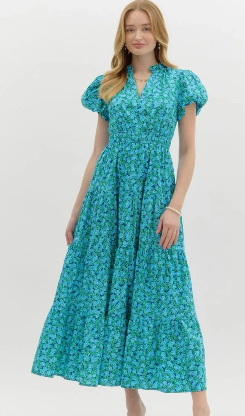 Entro Blue Floral Puff-Sleeve Maxi Dress