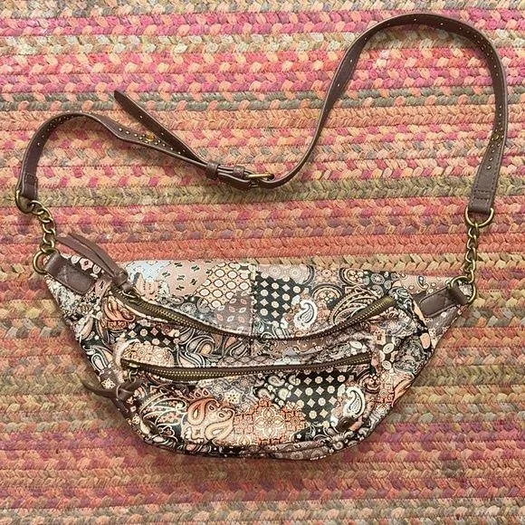 BROWN PAISLEY PATCHWORK CHAIN CROSSBODY BELT BAG VEGAN LEATHER