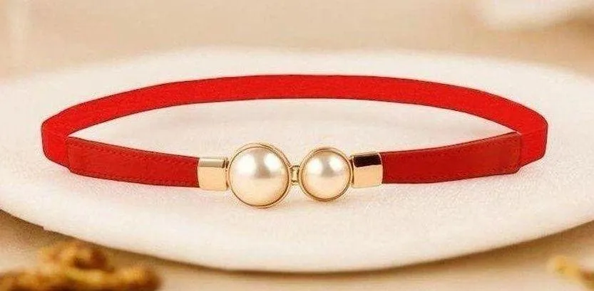 Red & gold pearl belt Imitation Pearl Pair Buckle Thin Belt Monochrome Elastic