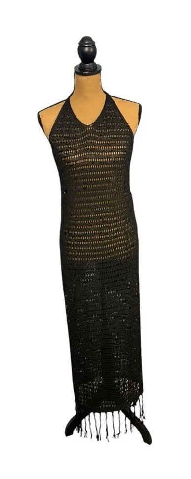 Black Crochet Halter Maxi Dress Womens Large Boho Festival Beach Cover Up