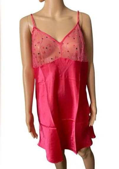 Pink Plus Size Sheer Mesh Sequin Embroidered Cutesy Floral Satin Mini Slip Dress