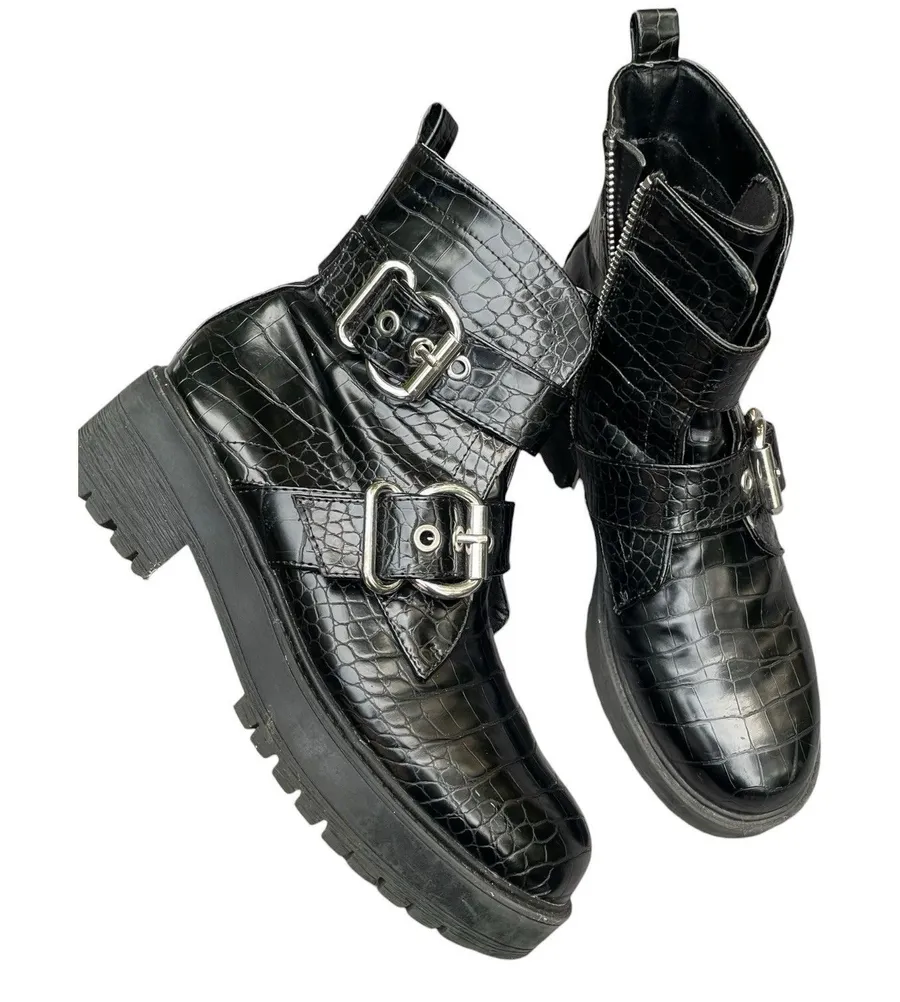 Chunky Moto Goth Punk Rock Aldo Black Patent Mock Croc Combat Boots Size 8.5
