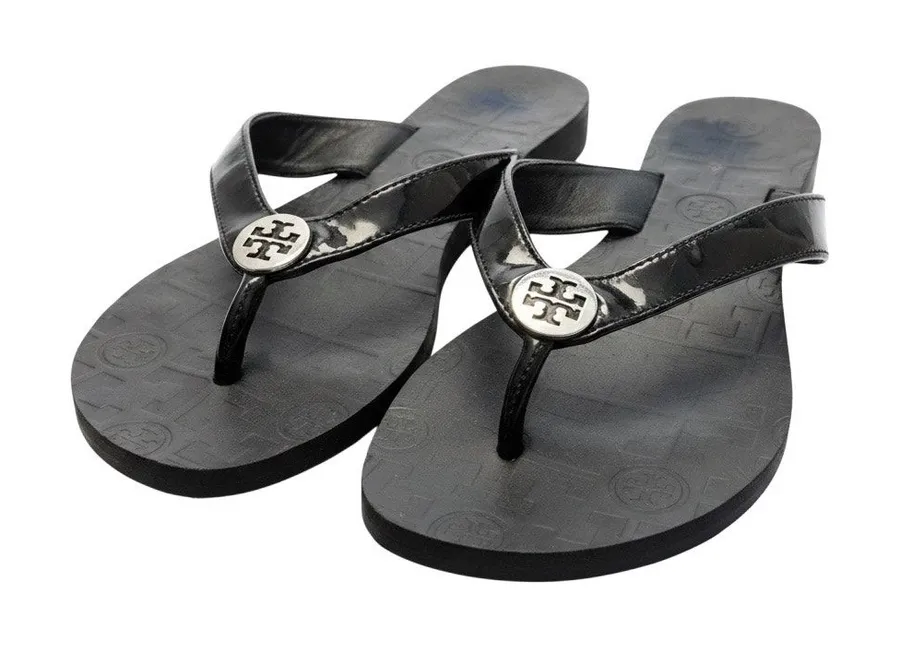 Tory Burch Emmy Black Patent Leather Thong Sandal Flip Flop Silver Logo Size 7