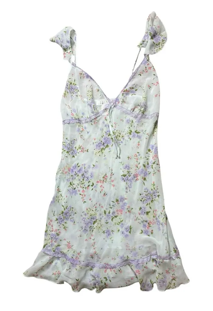 ✨ LAI Design Floral Slip Dress Ruffle Hem Lace Trim Medium Pastel Nightie 🌸✨ White
