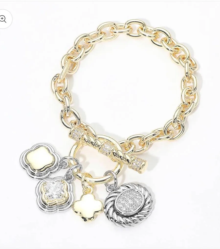 14K Gold Plated Two Tone Quatrefoil Oval Multi Charm Toggle Bracelet