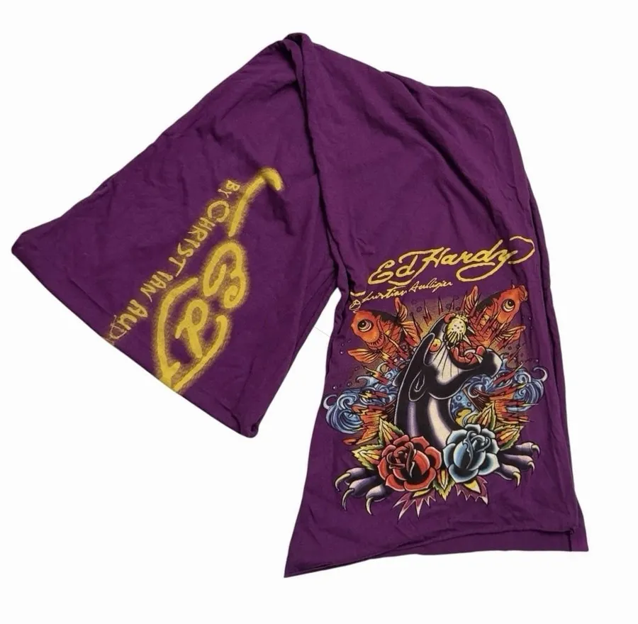 Don Ed Hardy Designs Christian Audigier Scarf Cotton USA Purple Yellow Logo Icon