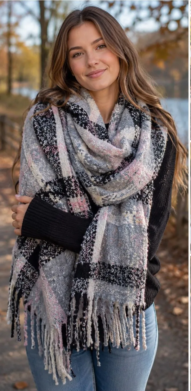 Cozy Pink Gray Plaid Fringe Scarf Wrap | Oversized Blanket Scarf Winter Shawl Black