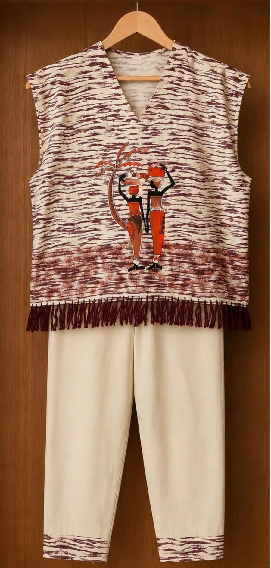 Vintage African Dashiki Poncho Pants Lounge Set Cream Tribal Print Handmade Size L