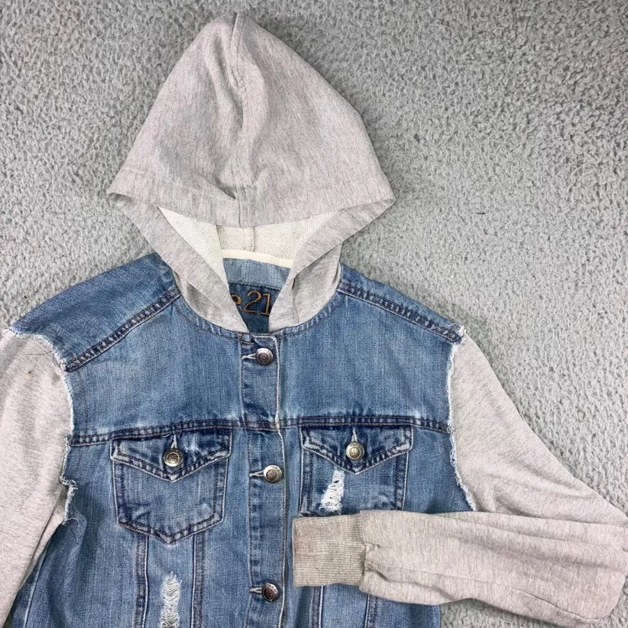 Mixed Media Denim Jacket Women S Blue Distressed Hooded Grunge Punk y2k Stained