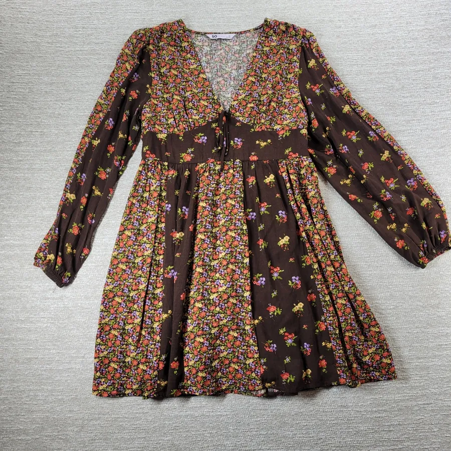 SO Mini Dress XL Brown Mixed Ditzy Floral Print Fit & Flare Cottagecore Prairie