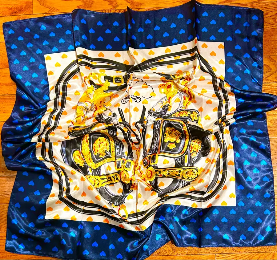 VINTAGE EQUESTRIAN/petite,LOVE.HEART,patterned royal blue/black SILKY scarf Blue