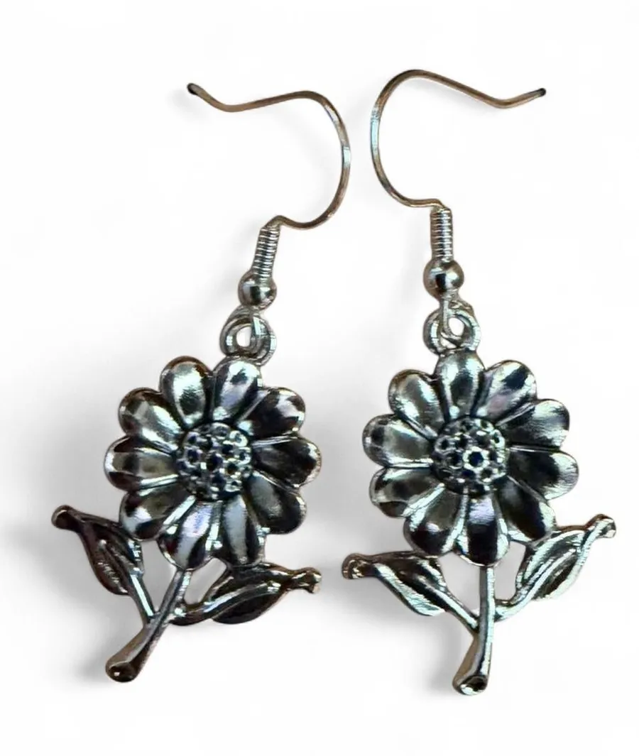 Handmade Silver Sunflower Dangle Earrings Boho Cottagecore Drops