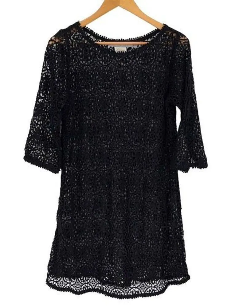 Gretchen Scott Crocheted Eyelet Tunic Swim Beach Cover Up Dress Medium Black