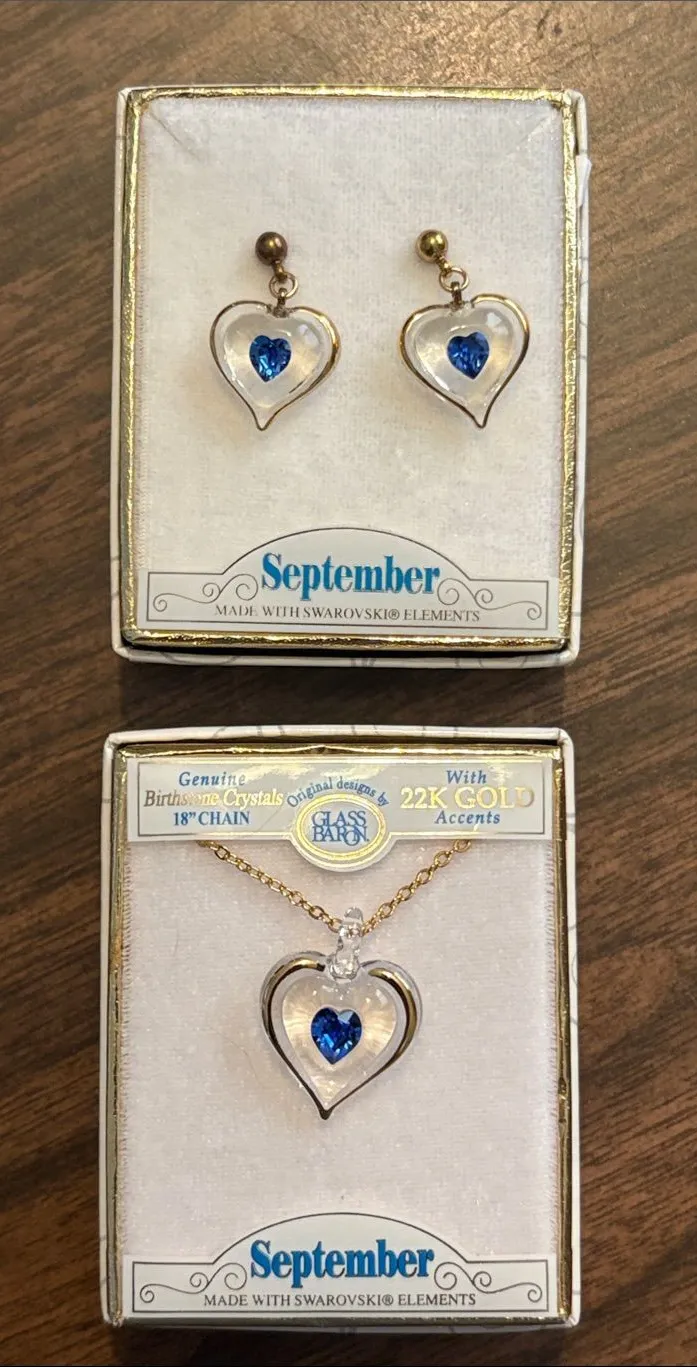 NEW September Blue Birthstone Heart Pendant Necklace and Matching Earrings