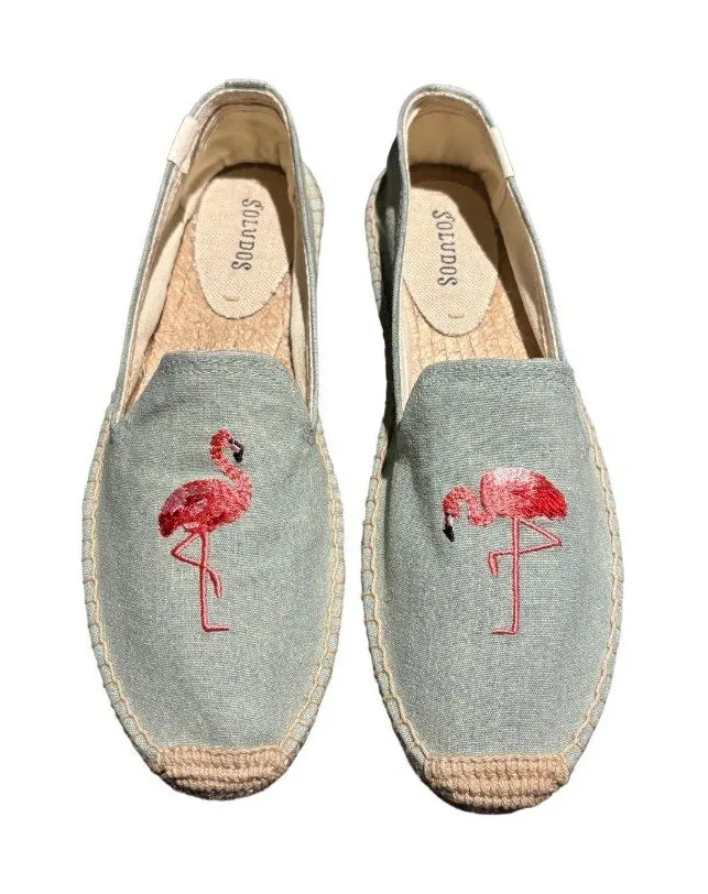 Soludos Flamingo Embroidered Chambray Espadrilles Size 8
