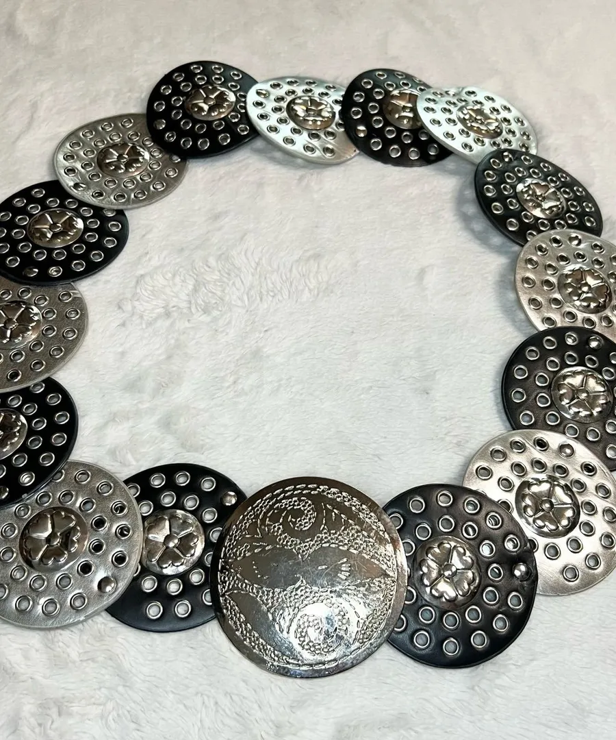 Vintage Black & Silver Faux Leather Boho Medallion Hip Belt Hammered Buckle
