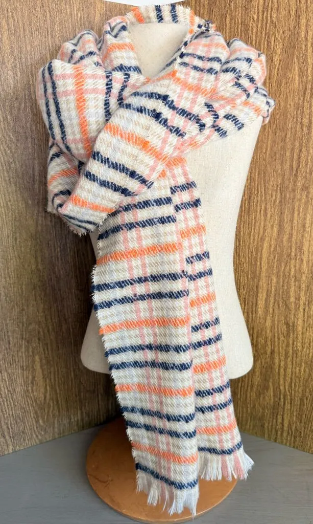 Maeve Anthropologie Oversized Plaid Scarf Wrap 30x76 Fringe Cream Navy Coral