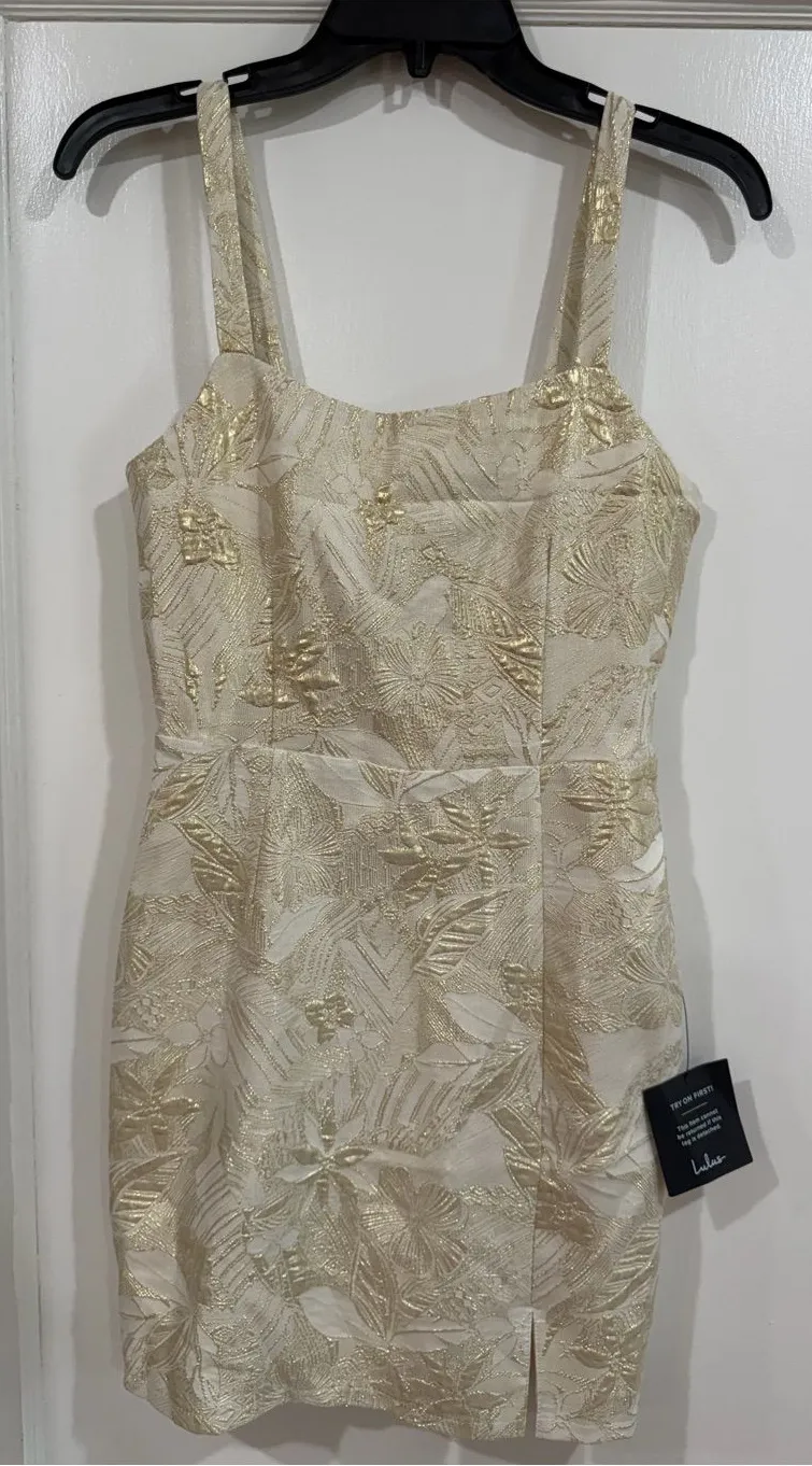 Lulu's Cream and Gold Floral Brocade Mini Dress perfect for birthday or party