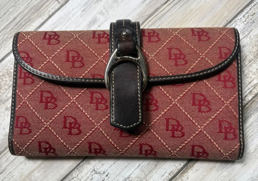 Dooney & Bourke Trifold Wallet OS Red Monogram Canvas Leather 7.5"x4" Buckle Y2K