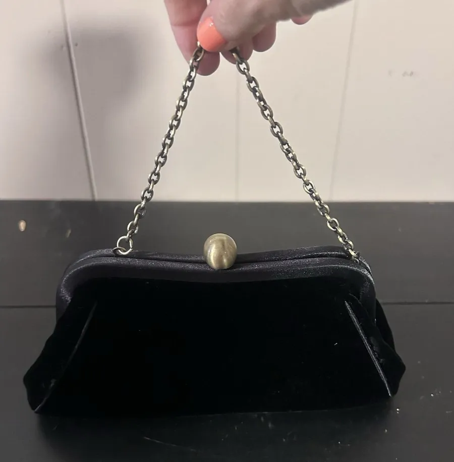 Banana Republic Black Satin Clutch Kiss Lock Evening Bag Chain Strap Purse