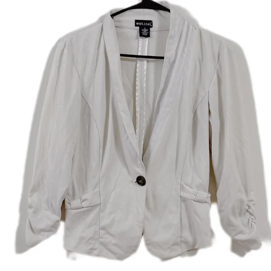 Wet Seal White Blazer with Shawl Lapels and Ruched Sleeves