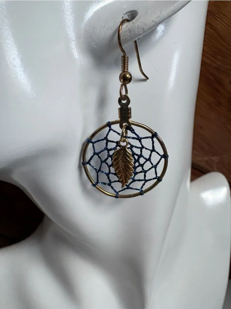 Blue Dreamcatcher Hoop Earrings with Gold Feather Charm