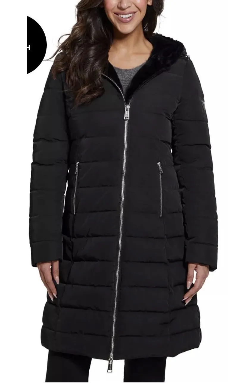 Guess Women's Faux Fur Lined Hooded Puffer Coat Size XS Black